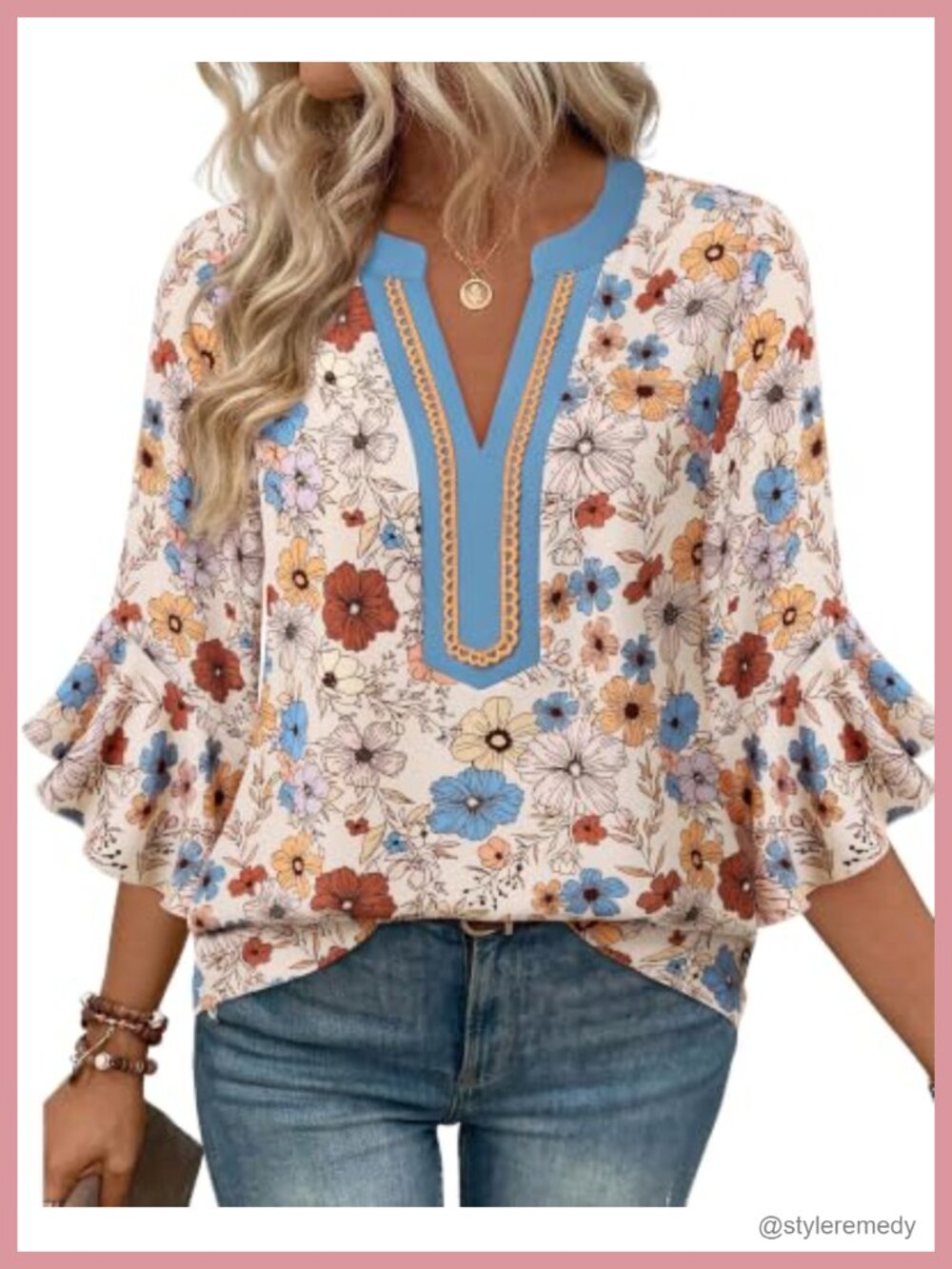 Womens Ruffle 3/4 Sleeve Chiffon Blouse Floral V-Neck Work Top